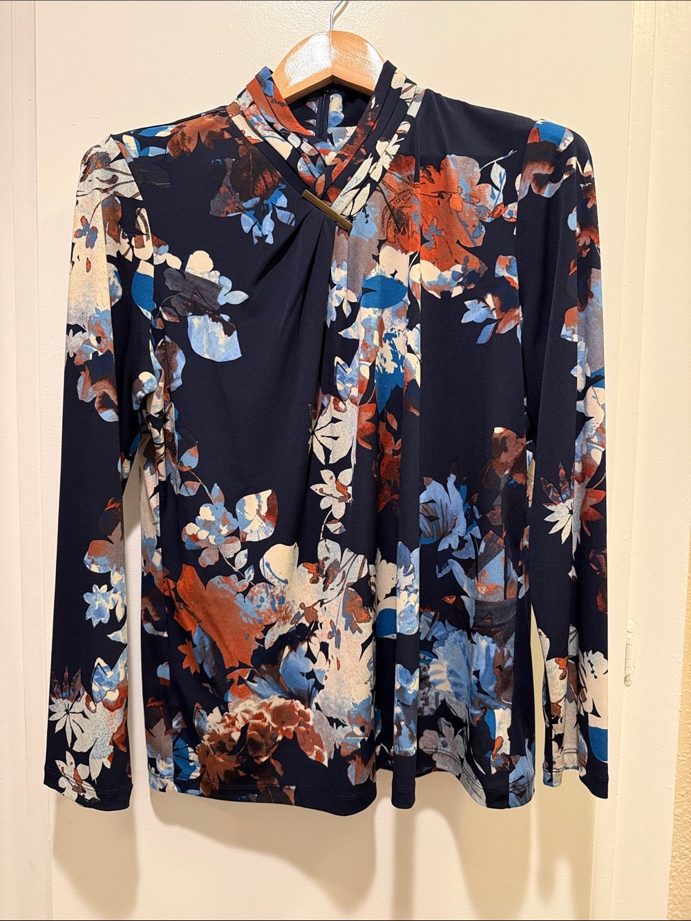 Susan Graver Navy Floral Twist-Detail Long Sleeve Top